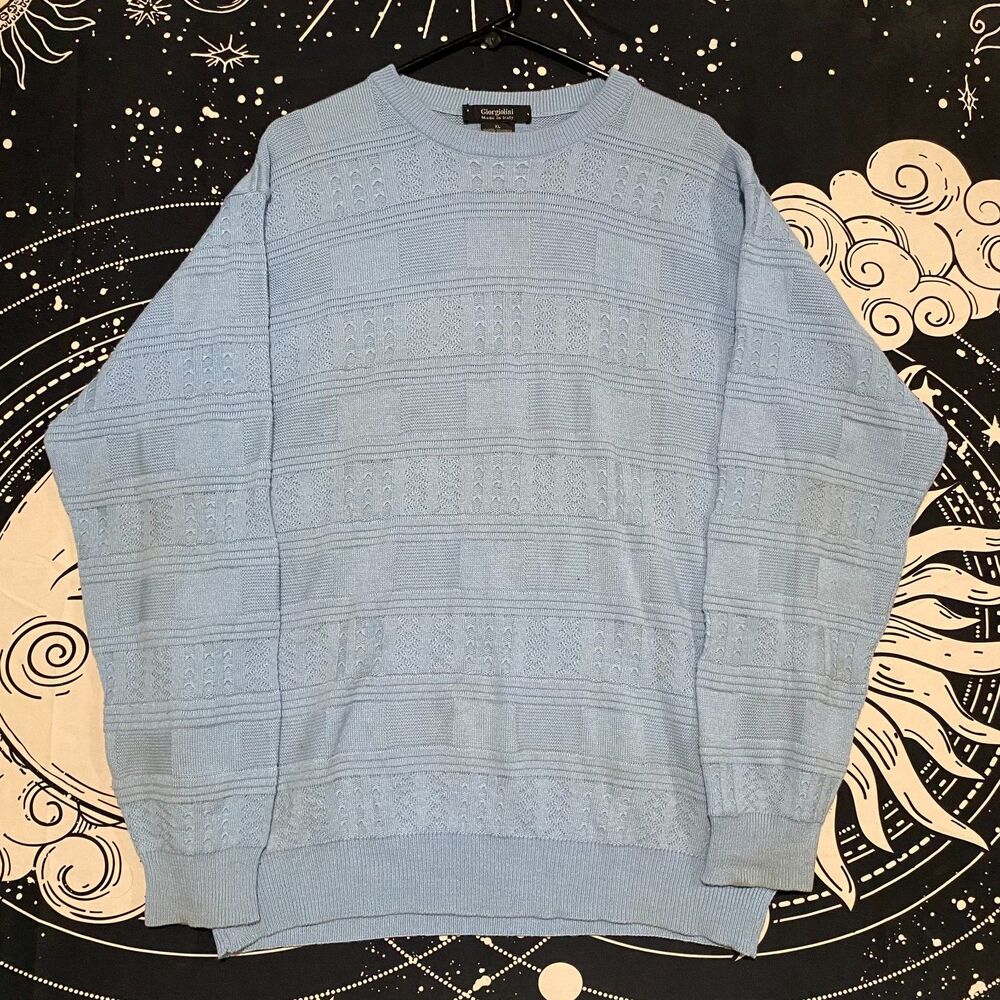VTG Giorgiolini Sweater Men's XL Blue Textured Wool Knitted Cozy Grandpa Holiday